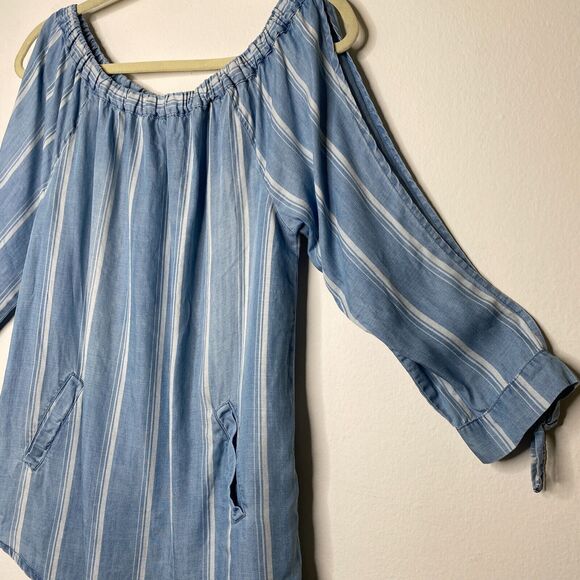 Billy T Blue & White Stripe Linen Off Shoulder 3/4 Tie-Sleeve Back Button Top XS - Picture 4 of 13